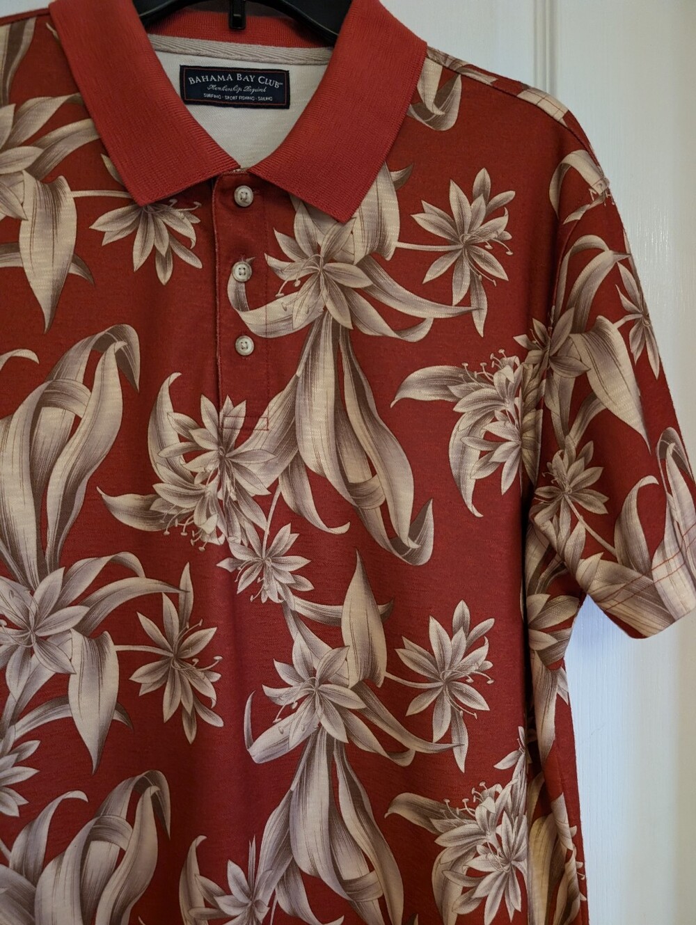 Bahama Bay Club Tropical Print Short Sleeve Polo. Size Large. Rust/Beige